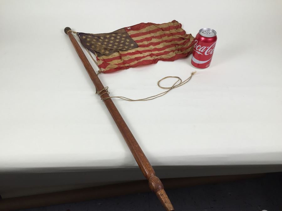 Old 49 Star U.S. Flag With Wooden Flag Pole