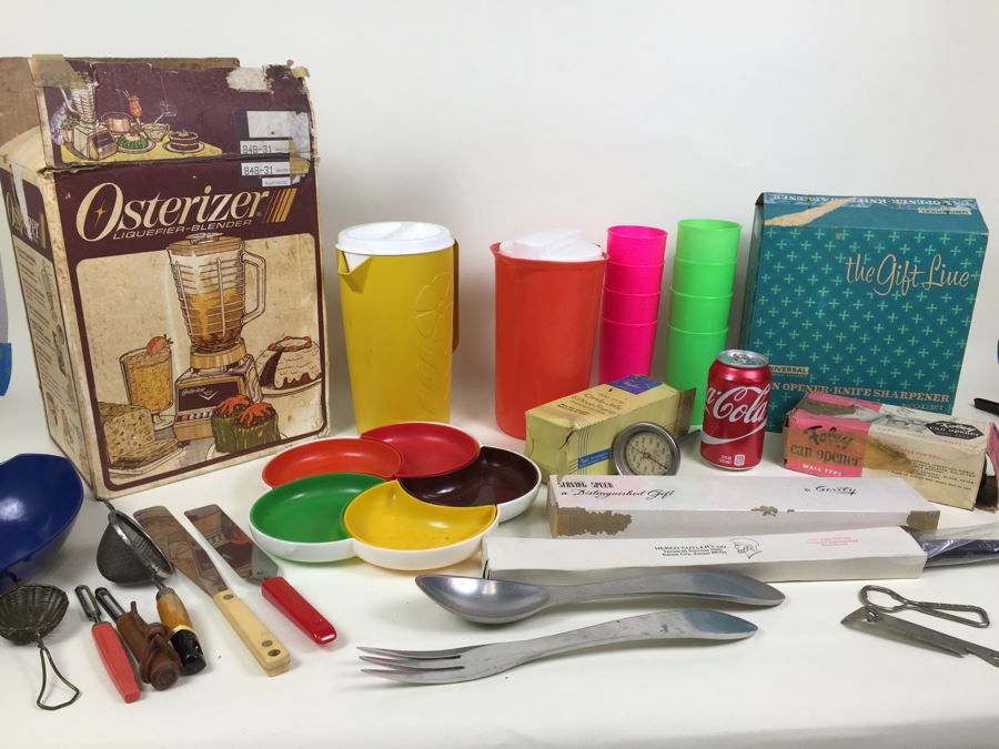 Various Vintage Kitchen Items And Appliances Including New Osterizer Blender And New Universal Can Opener-K