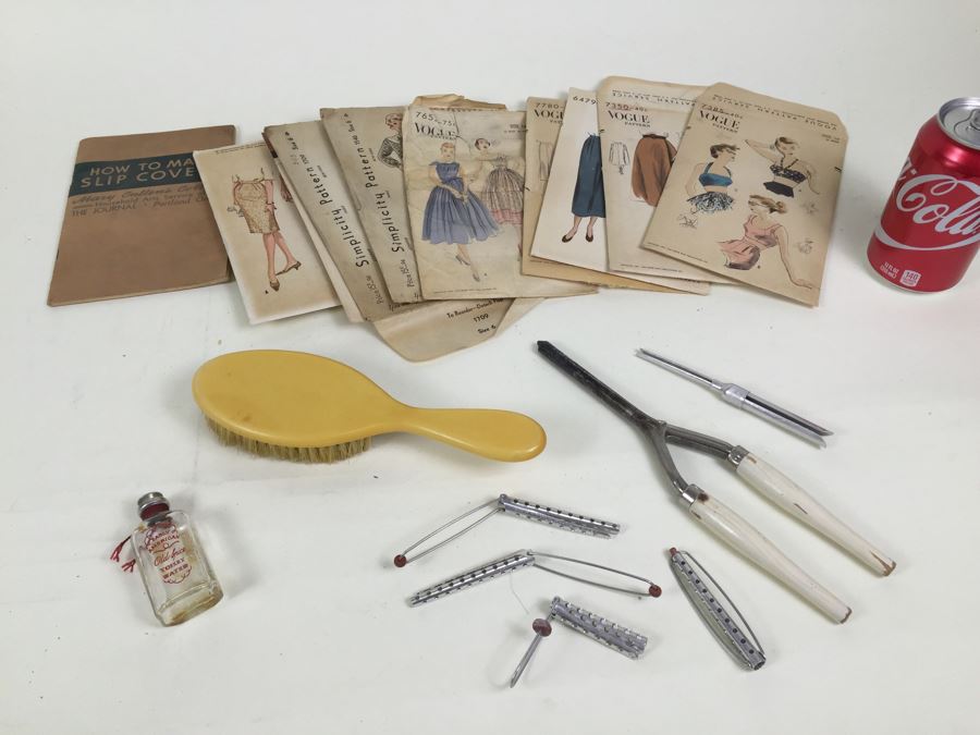 Vintage VOGUE Patterns, Curling Iron, Antique Ivory Brush And Old Spice Bottle