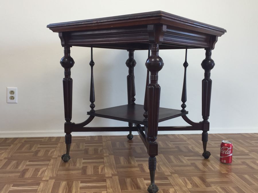 Stunning Antique Two-Tier Turned Wood Table With Ball And Claw Feet [Photo 3]