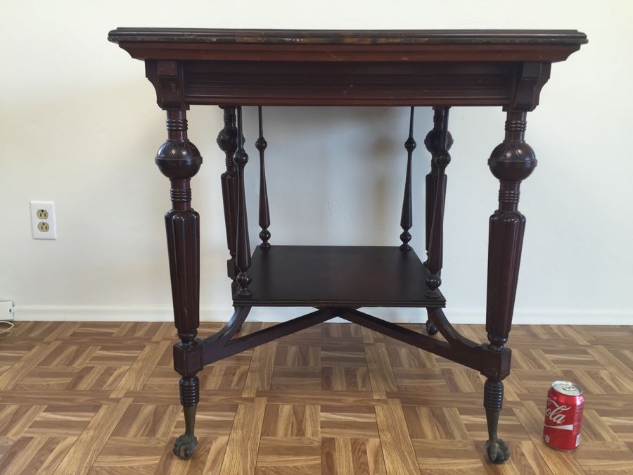 Stunning Antique Two-Tier Turned Wood Table With Ball And Claw Feet