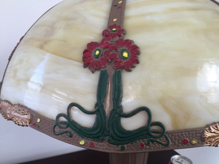Art Nouveau Six-Panel Slag Glass Table Lamp In Caramel [Photo 2]