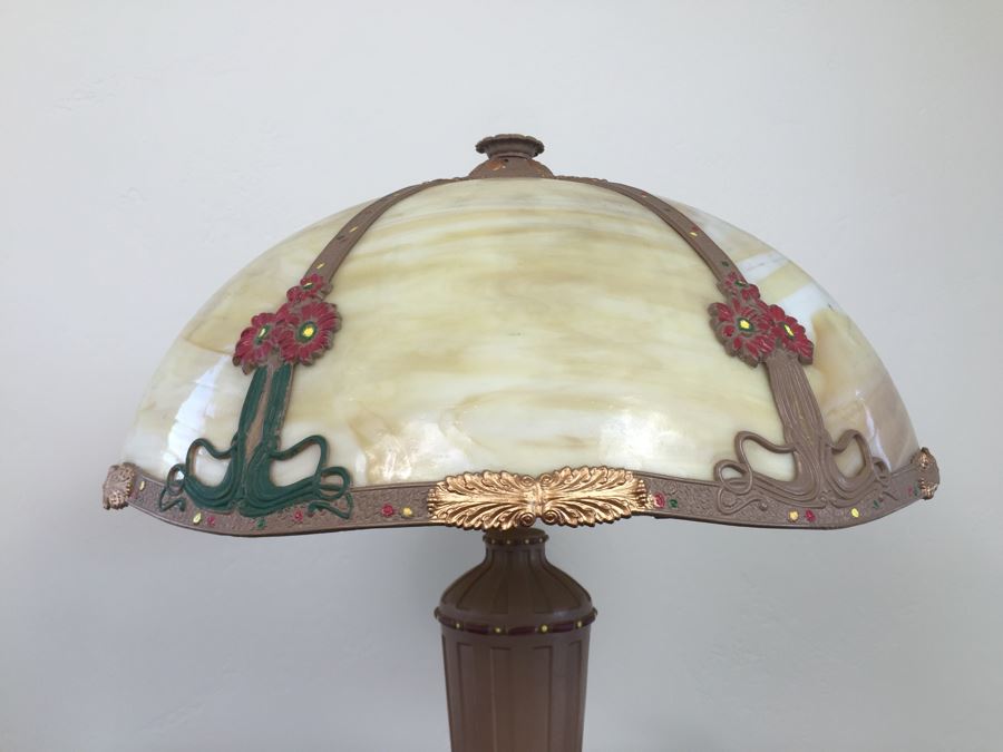 Art Nouveau Six-Panel Slag Glass Table Lamp In Caramel [Photo 5]