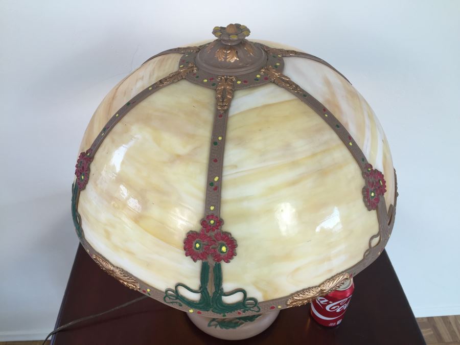 Art Nouveau Six-Panel Slag Glass Table Lamp In Caramel [Photo 21]