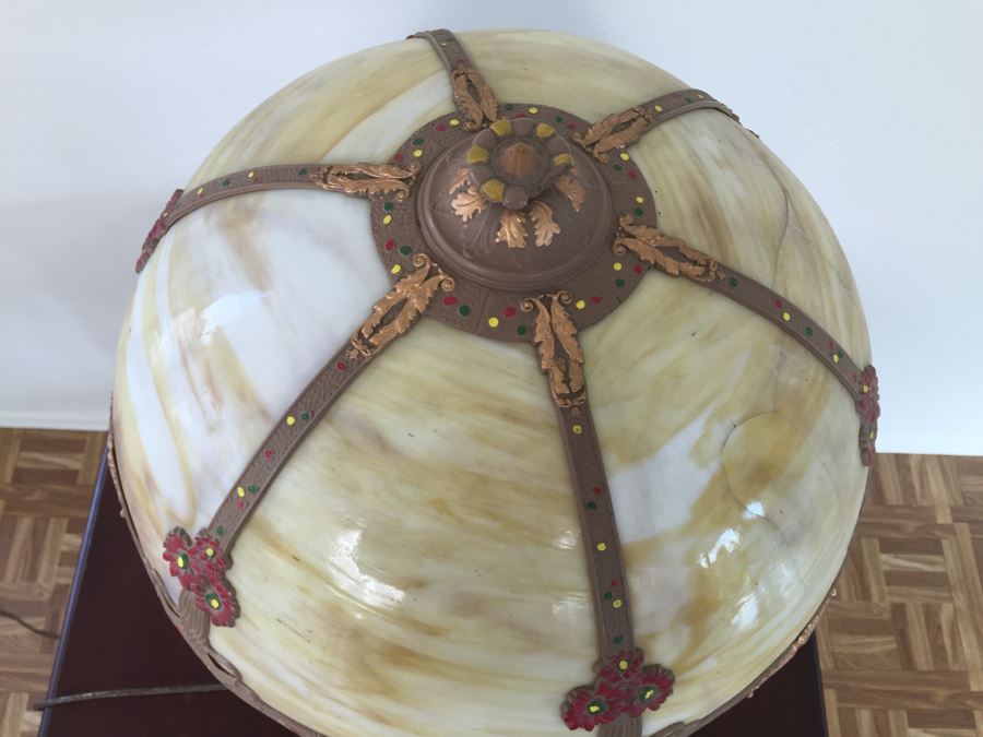Art Nouveau Six-Panel Slag Glass Table Lamp In Caramel [Photo 9]