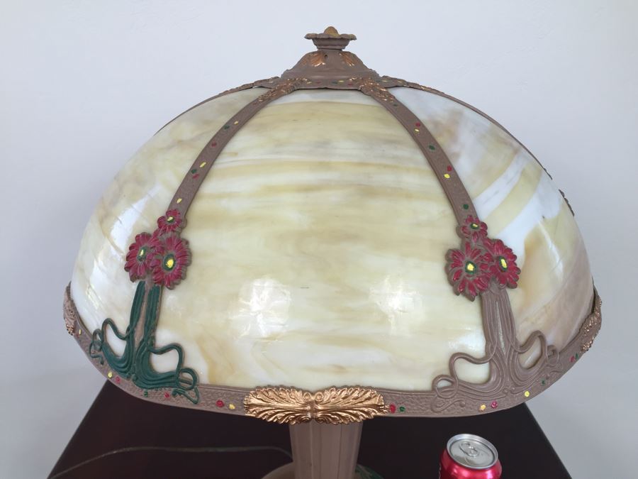 Art Nouveau Six-Panel Slag Glass Table Lamp In Caramel [Photo 4]