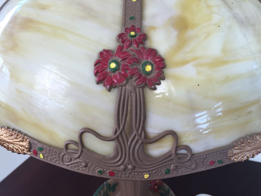 Art Nouveau Six-Panel Slag Glass Table Lamp In Caramel [Photo 11]