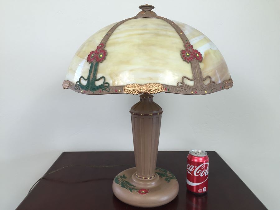 Art Nouveau Six-Panel Slag Glass Table Lamp In Caramel [Photo 1]
