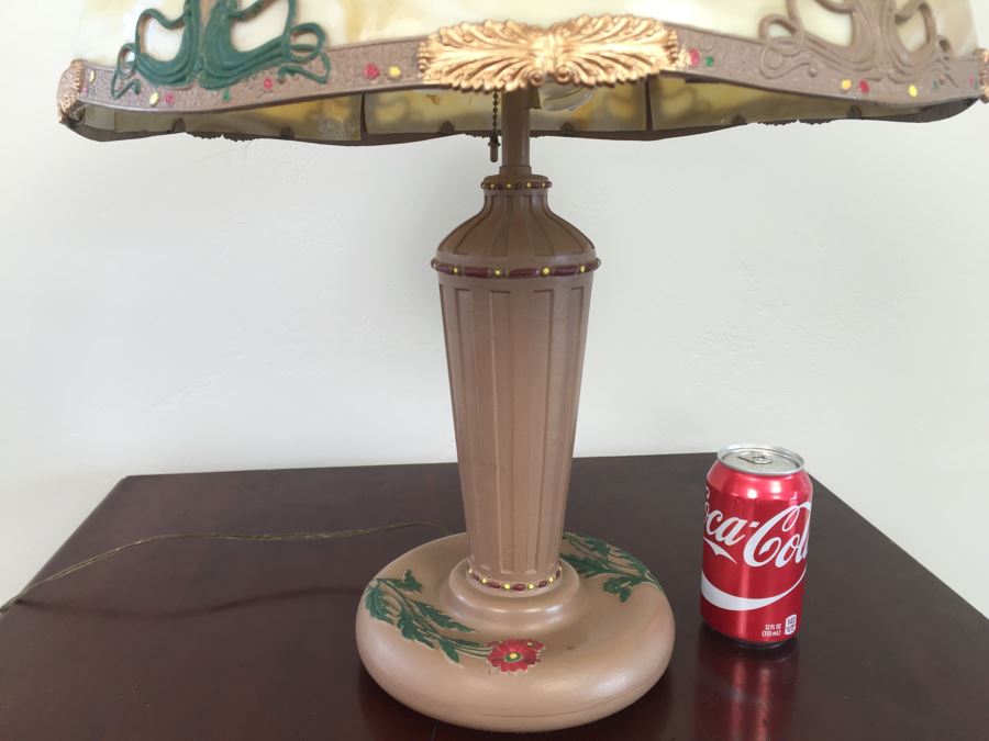 Art Nouveau Six-Panel Slag Glass Table Lamp In Caramel [Photo 3]