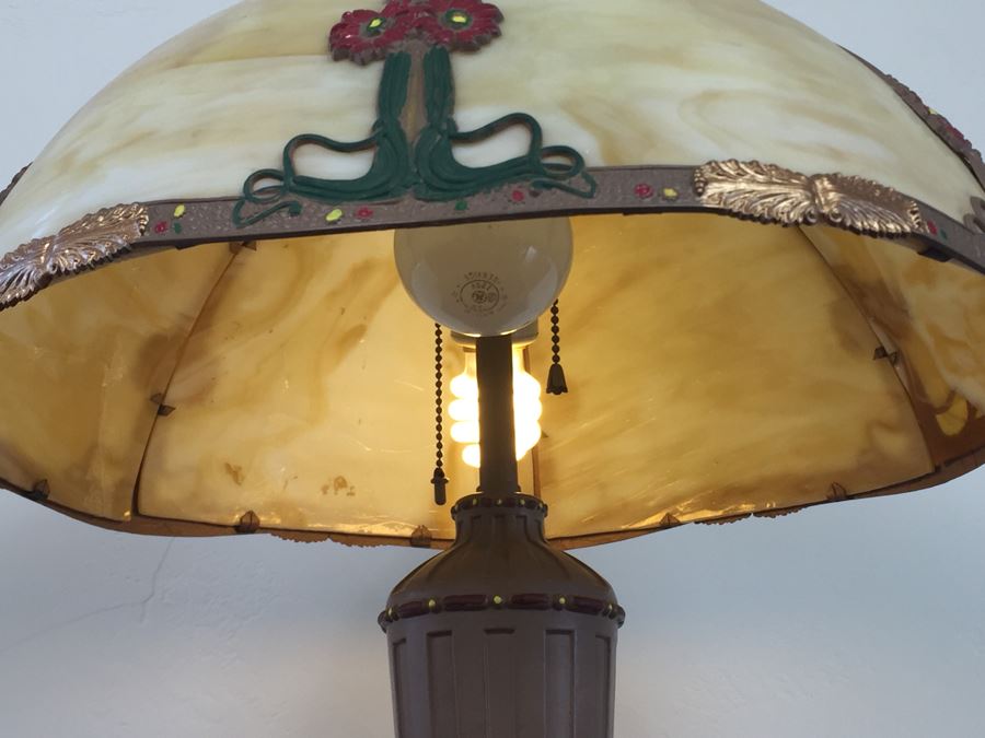 Art Nouveau Six-Panel Slag Glass Table Lamp In Caramel [Photo 19]