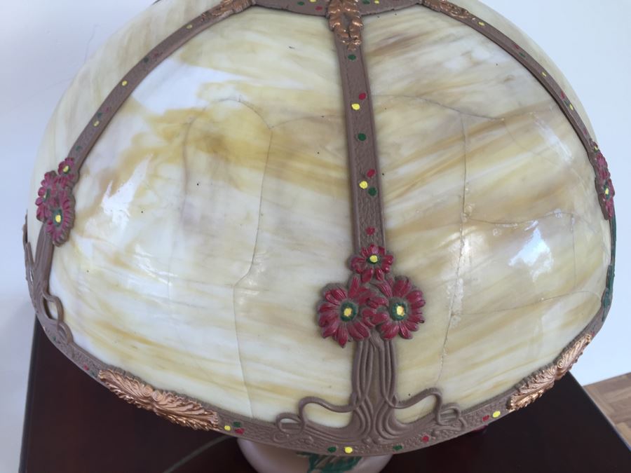 Art Nouveau Six-Panel Slag Glass Table Lamp In Caramel [Photo 12]