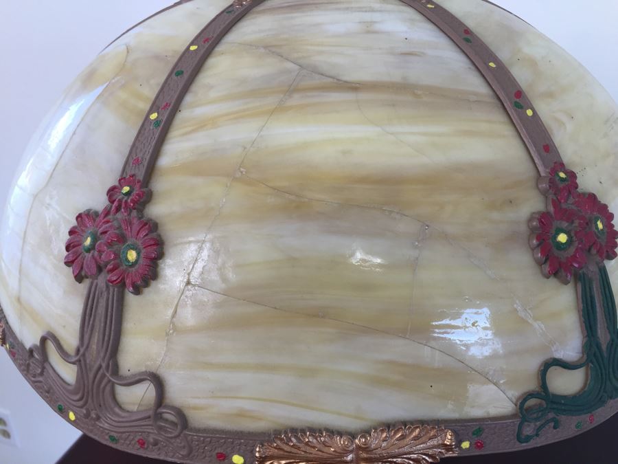 Art Nouveau Six-Panel Slag Glass Table Lamp In Caramel [Photo 15]