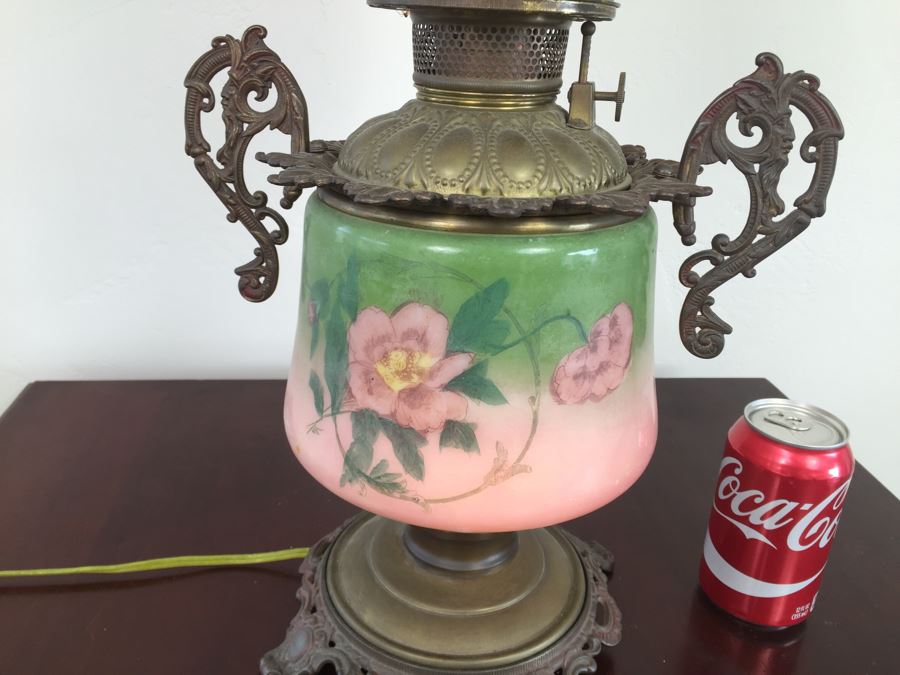 Antique Victorian Oil Lamp Electrified Painted Glass Globes Hurricane [Photo 3]