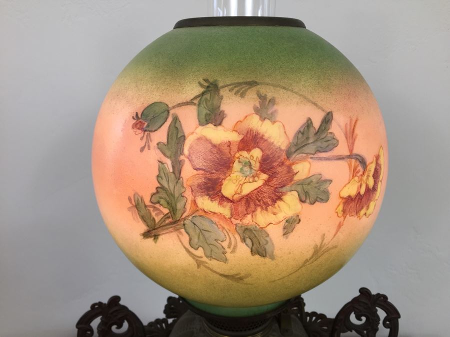 Antique Victorian Oil Lamp Electrified Painted Glass Globes Hurricane [Photo 2]