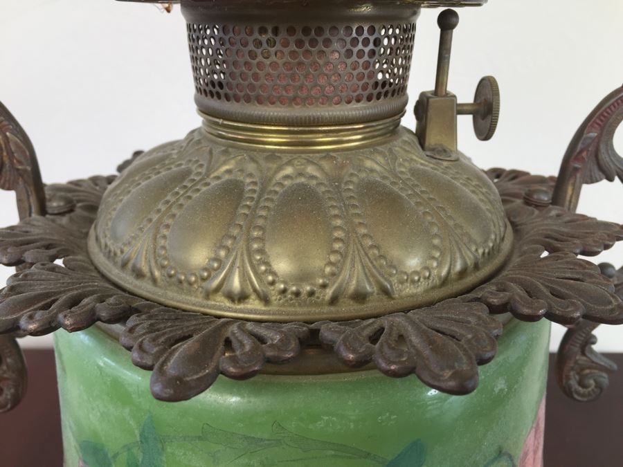 Antique Victorian Oil Lamp Electrified Painted Glass Globes Hurricane [Photo 9]