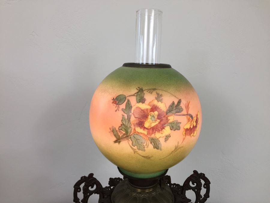 Antique Victorian Oil Lamp Electrified Painted Glass Globes Hurricane