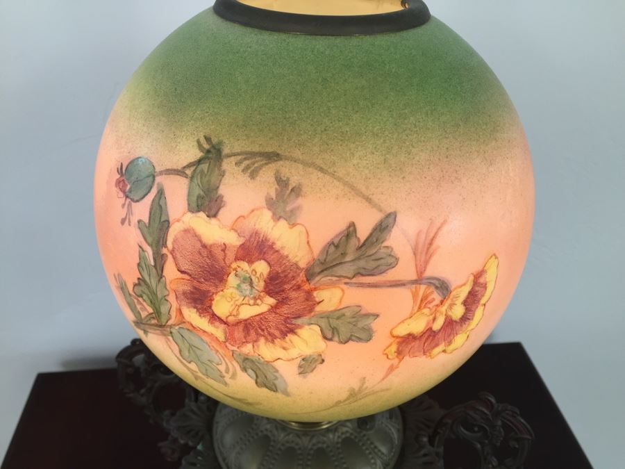 Antique Victorian Oil Lamp Electrified Painted Glass Globes Hurricane [Photo 16]
