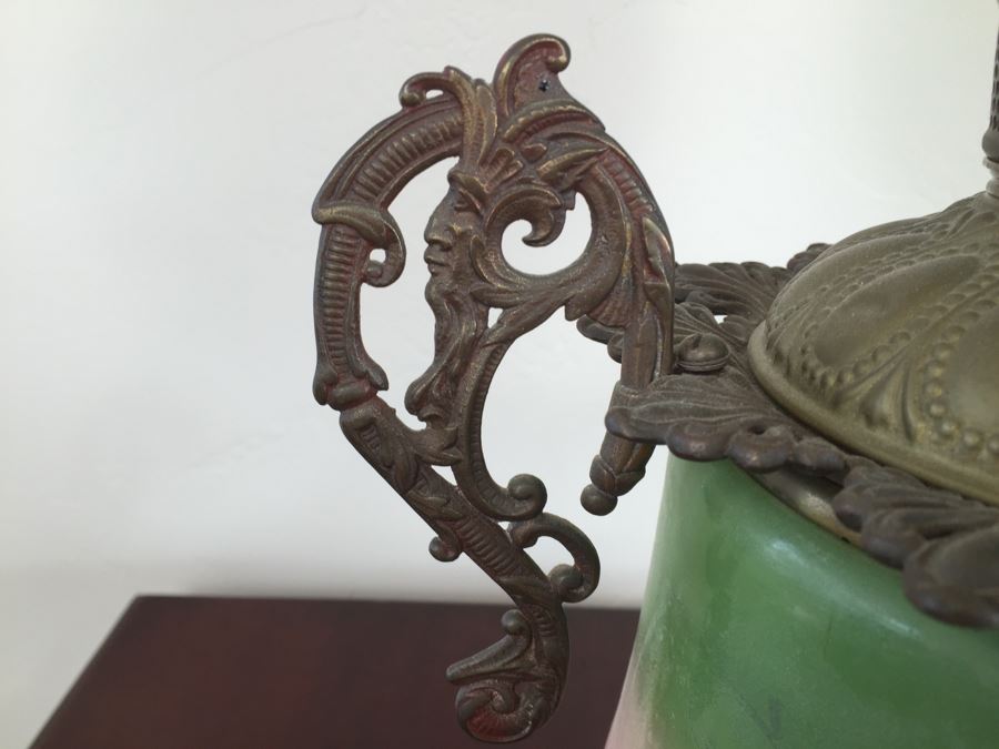 Antique Victorian Oil Lamp Electrified Painted Glass Globes Hurricane [Photo 8]