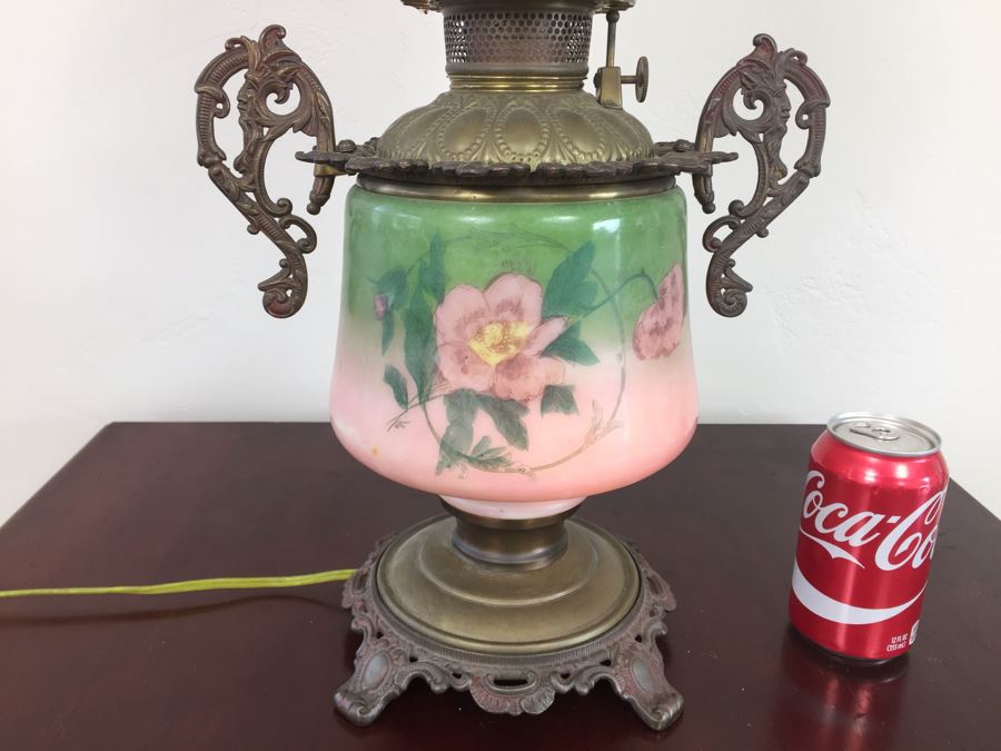 Antique Victorian Oil Lamp Electrified Painted Glass Globes Hurricane [Photo 6]