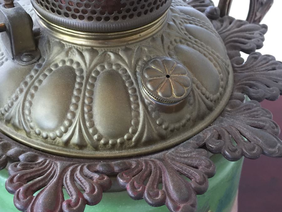 Antique Victorian Oil Lamp Electrified Painted Glass Globes Hurricane [Photo 11]