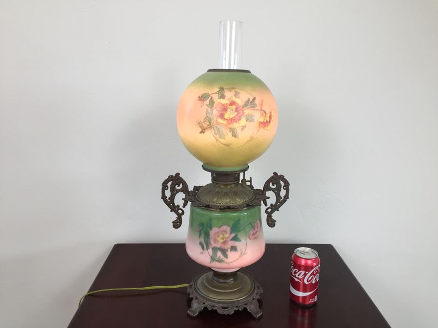 Antique Victorian Oil Lamp Electrified Painted Glass Globes Hurricane
