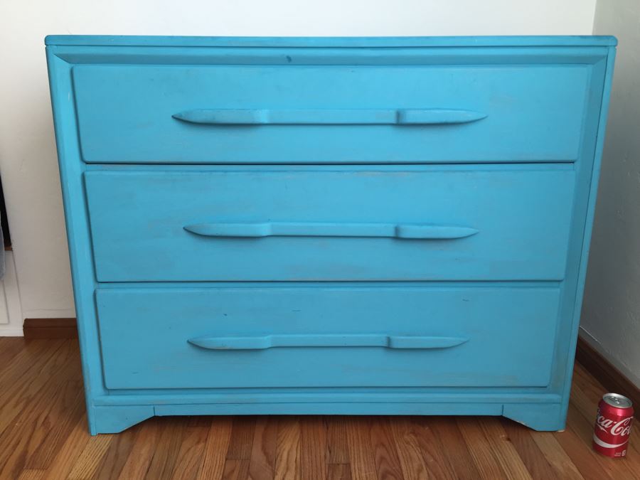 Mid-Century 3-Drawer Wooden Dresser Painted Blue [Photo 1]