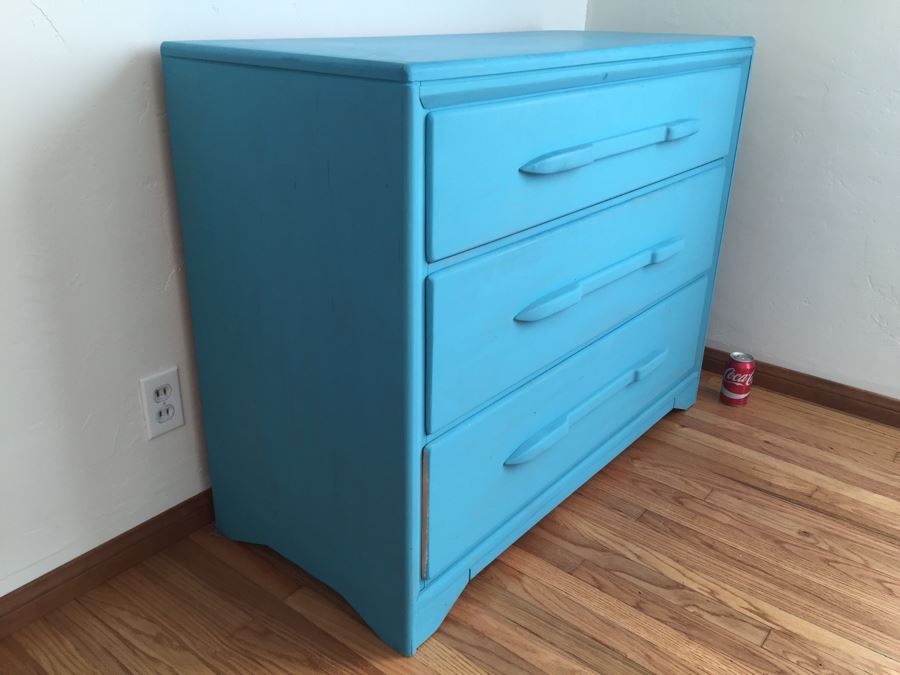 Mid-Century 3-Drawer Wooden Dresser Painted Blue [Photo 2]