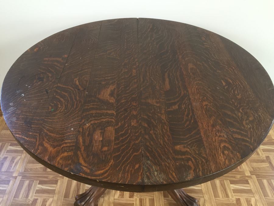 Antique Tiger Oak Pedestal Table With Claw Feet