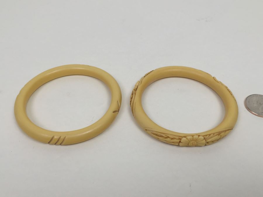 Pair Of Carved Celluloid Bangles Bracelets