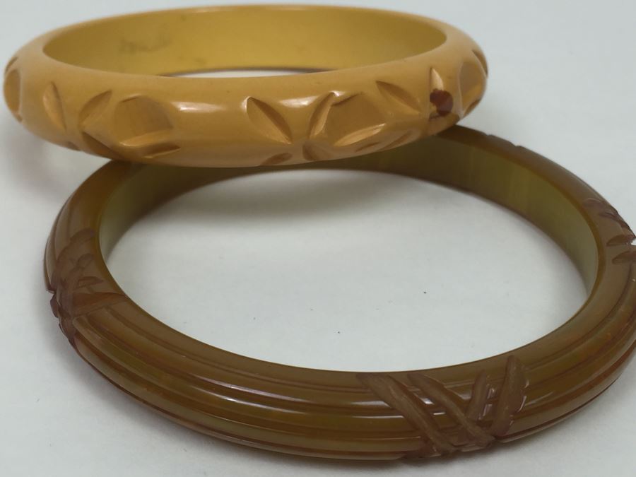 Pair Of Carved Bakelite Bangles Bracelets