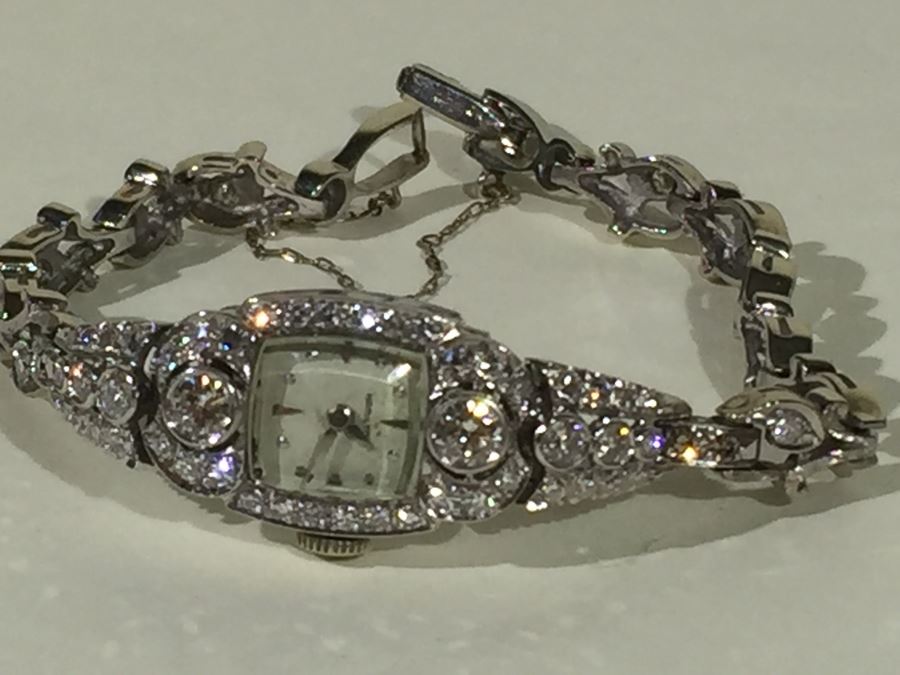 Spectacular Women's Hamilton Platinum Watch Covered In Diamonds With 14K Gold Watch Band Covered In Diamonds Estimate $3,000-$5,000 [Photo 39]