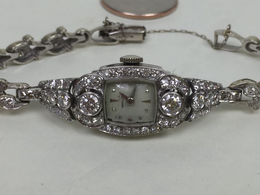 Spectacular Women's Hamilton Platinum Watch Covered In Diamonds With 14K Gold Watch Band Covered In Diamonds Estimate $3,000-$5,000 [Photo 7]