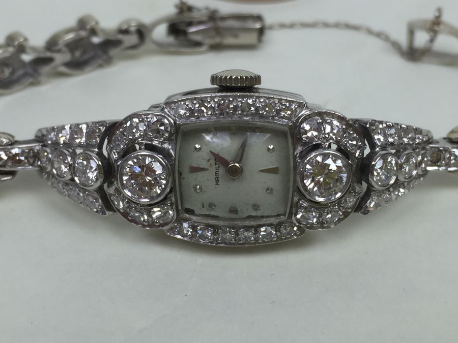 Spectacular Women's Hamilton Platinum Watch Covered In Diamonds With 14K Gold Watch Band Covered In Diamonds Estimate $3,000-$5,000 [Photo 6]