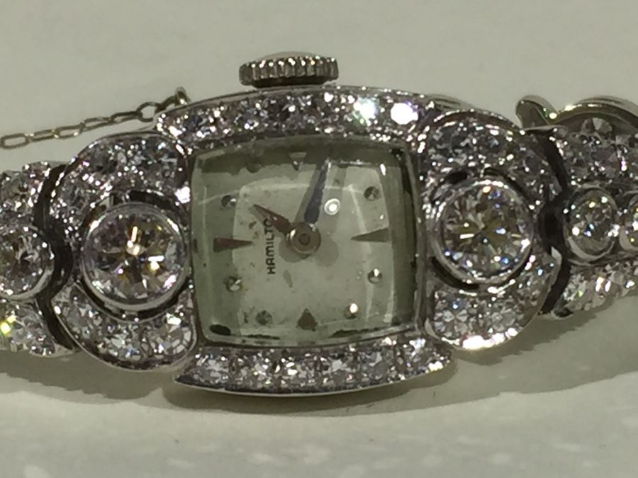 Spectacular Women's Hamilton Platinum Watch Covered In Diamonds With 14K Gold Watch Band Covered In Diamonds Estimate $3,000-$5,000 [Photo 47]