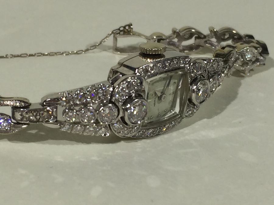 Spectacular Women's Hamilton Platinum Watch Covered In Diamonds With 14K Gold Watch Band Covered In Diamonds Estimate $3,000-$5,000 [Photo 51]
