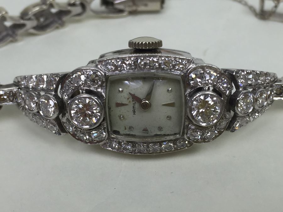 Spectacular Women's Hamilton Platinum Watch Covered In Diamonds With 14K Gold Watch Band Covered In Diamonds Estimate $3,000-$5,000 [Photo 4]