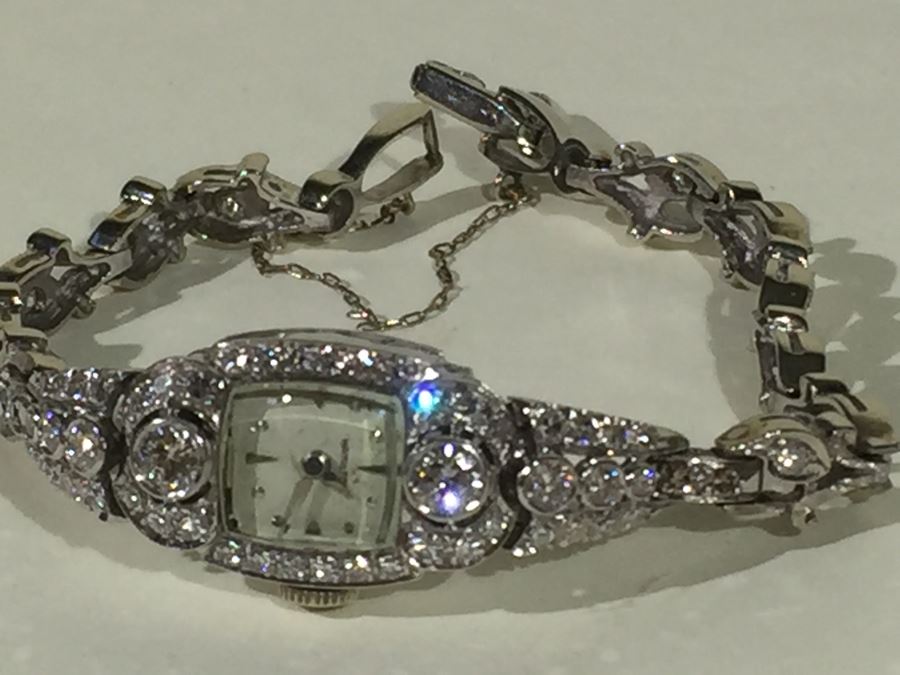 Spectacular Women's Hamilton Platinum Watch Covered In Diamonds With 14K Gold Watch Band Covered In Diamonds Estimate $3,000-$5,000 [Photo 38]