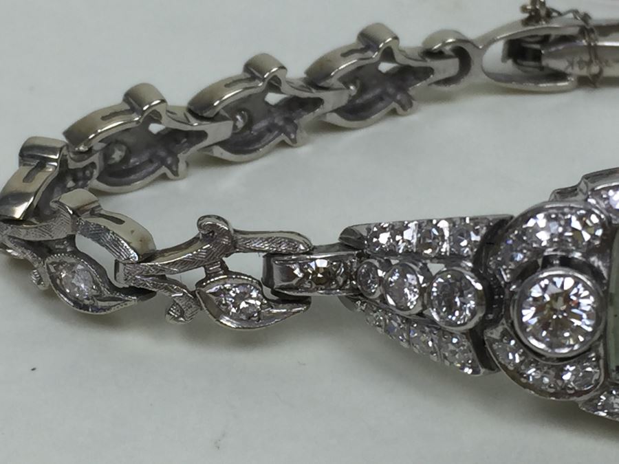 Spectacular Women's Hamilton Platinum Watch Covered In Diamonds With 14K Gold Watch Band Covered In Diamonds Estimate $3,000-$5,000 [Photo 9]