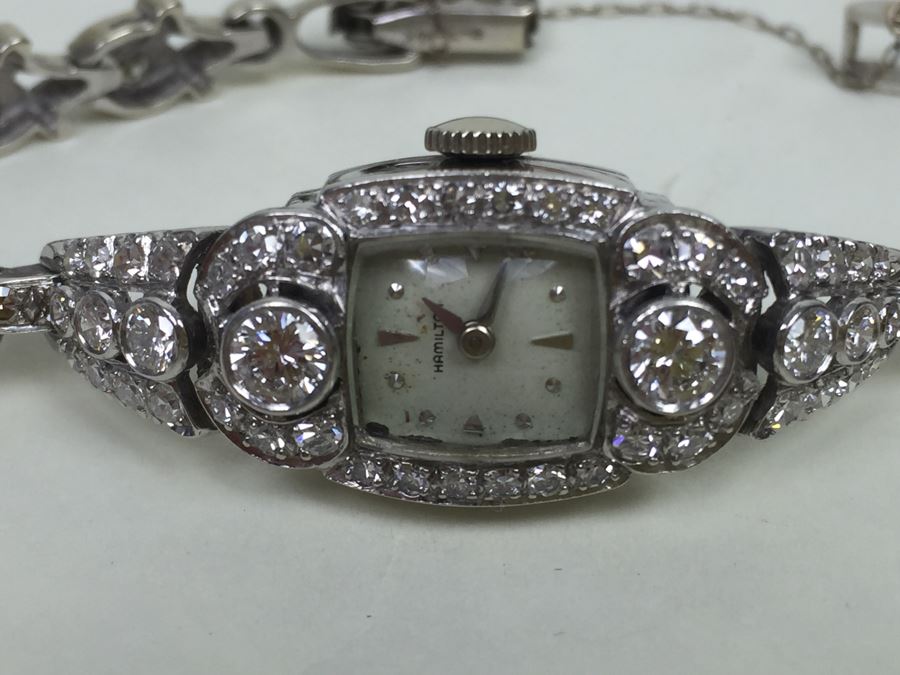 Spectacular Women's Hamilton Platinum Watch Covered In Diamonds With 14K Gold Watch Band Covered In Diamonds Estimate $3,000-$5,000 [Photo 5]