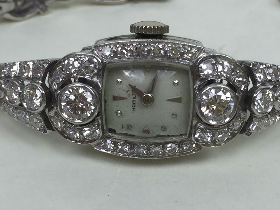 Spectacular Women's Hamilton Platinum Watch Covered In Diamonds With 14K Gold Watch Band Covered In Diamonds Estimate $3,000-$5,000 [Photo 8]