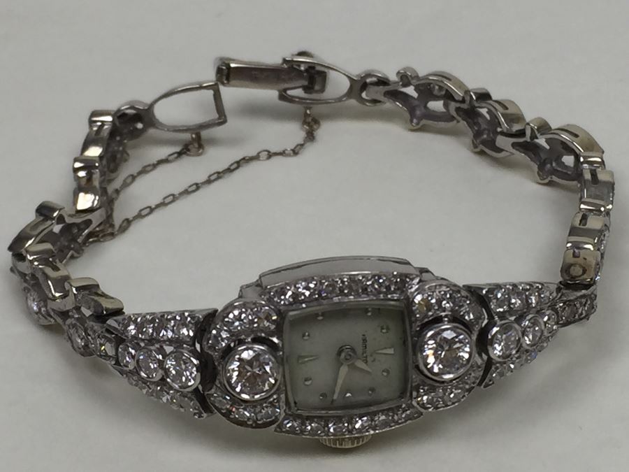 Spectacular Women's Hamilton Platinum Watch Covered In Diamonds With 14K Gold Watch Band Covered In Diamonds Estimate $3,000-$5,000 [Photo 23]