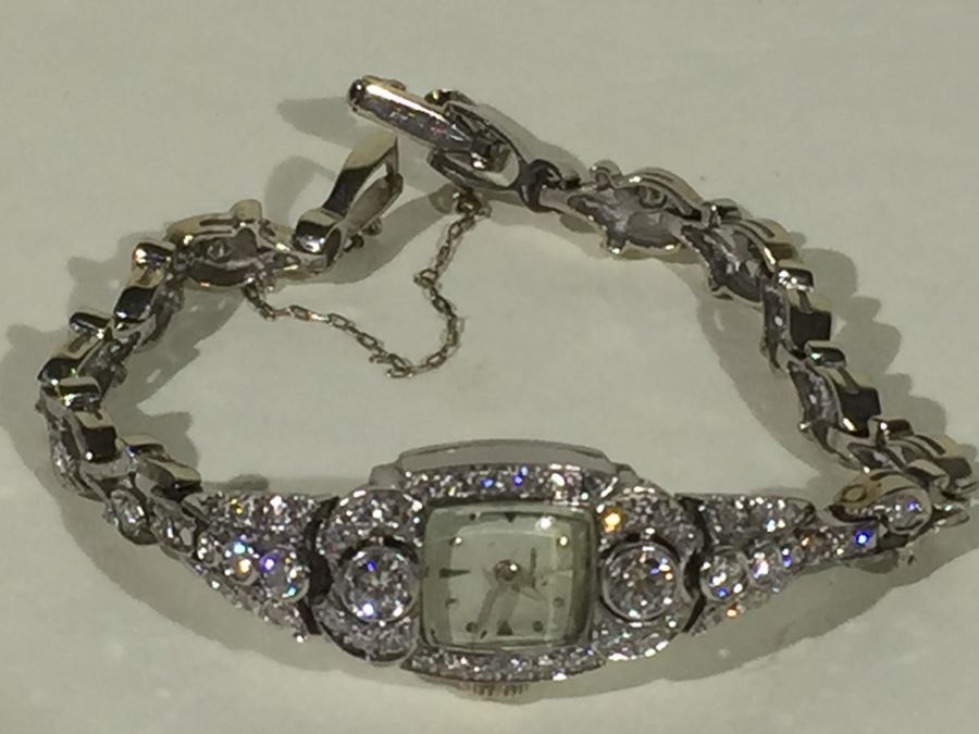 Spectacular Women's Hamilton Platinum Watch Covered In Diamonds With 14K Gold Watch Band Covered In Diamonds Estimate $3,000-$5,000 [Photo 41]