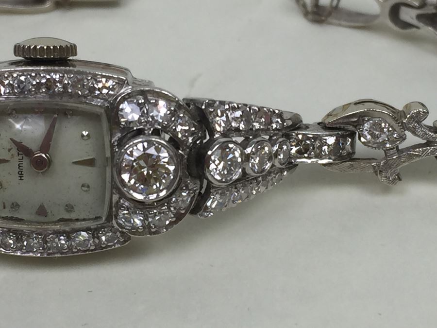Spectacular Women's Hamilton Platinum Watch Covered In Diamonds With 14K Gold Watch Band Covered In Diamonds Estimate $3,000-$5,000 [Photo 10]