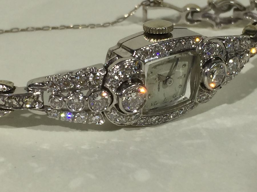 Spectacular Women's Hamilton Platinum Watch Covered In Diamonds With 14K Gold Watch Band Covered In Diamonds Estimate $3,000-$5,000 [Photo 2]