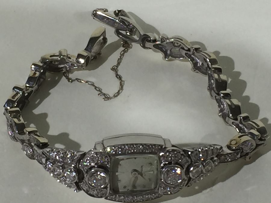 Spectacular Women's Hamilton Platinum Watch Covered In Diamonds With 14K Gold Watch Band Covered In Diamonds Estimate $3,000-$5,000 [Photo 30]