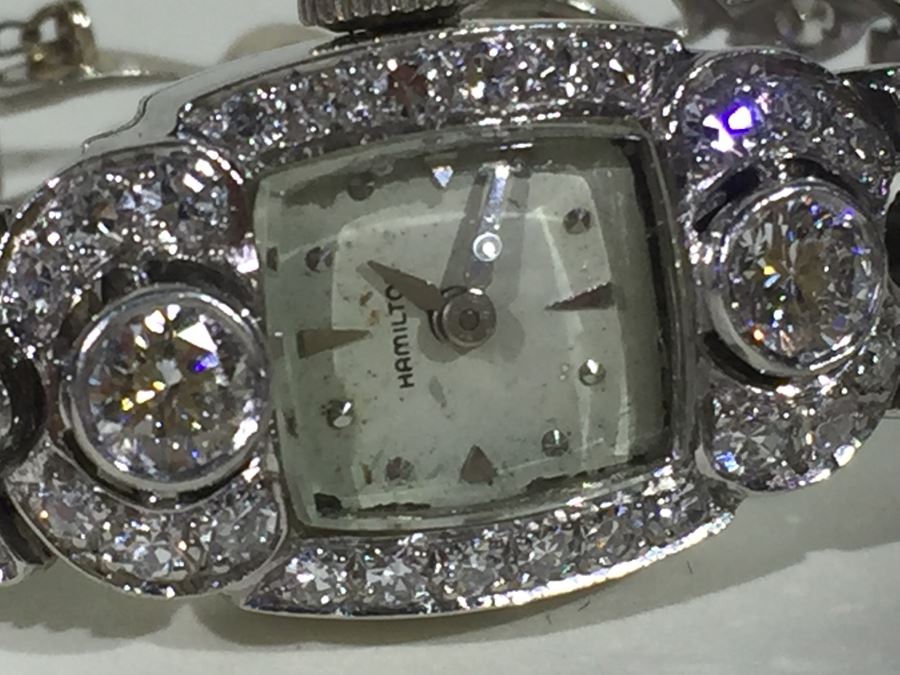 Spectacular Women's Hamilton Platinum Watch Covered In Diamonds With 14K Gold Watch Band Covered In Diamonds Estimate $3,000-$5,000 [Photo 46]