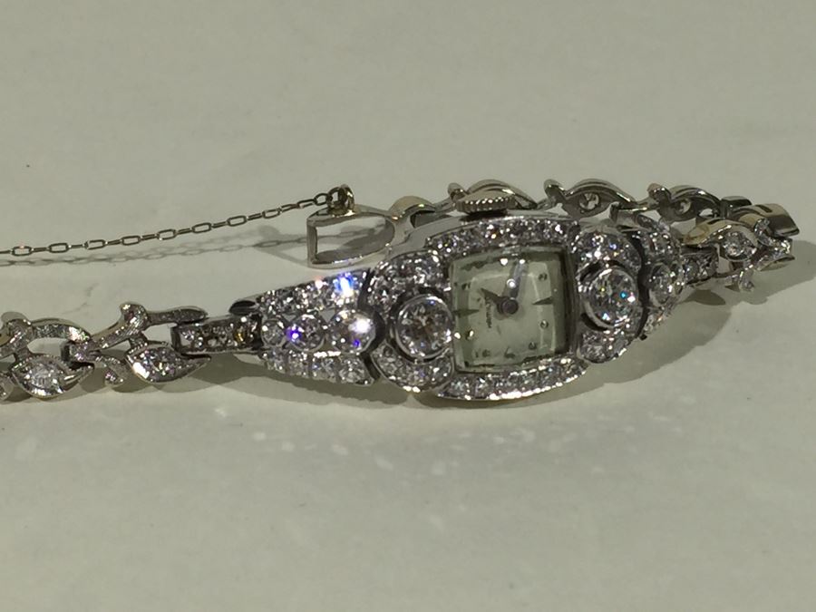 Spectacular Women's Hamilton Platinum Watch Covered In Diamonds With 14K Gold Watch Band Covered In Diamonds Estimate $3,000-$5,000 [Photo 48]