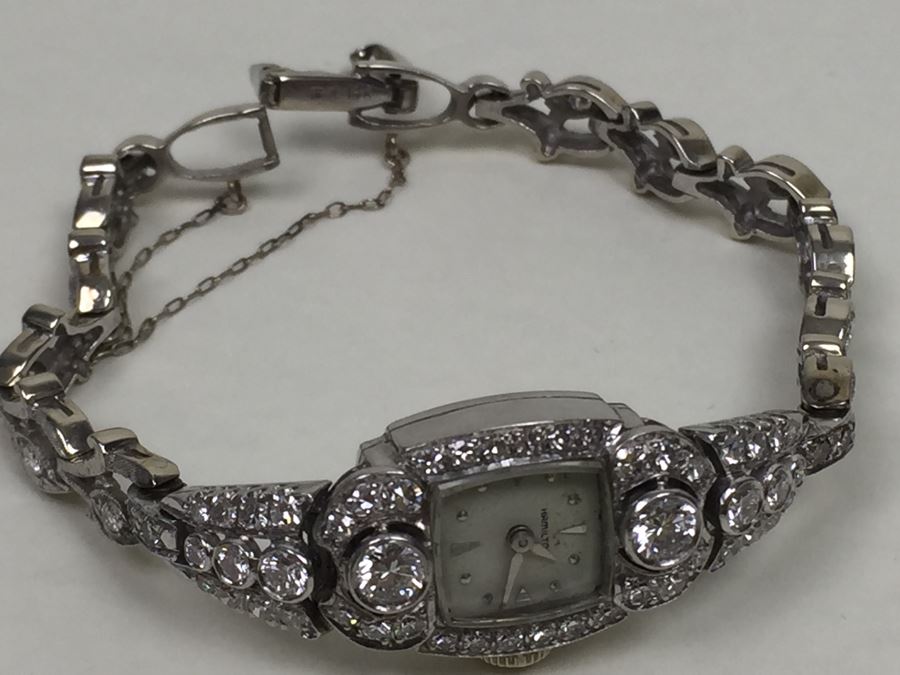 Spectacular Women's Hamilton Platinum Watch Covered In Diamonds With 14K Gold Watch Band Covered In Diamonds Estimate $3,000-$5,000 [Photo 22]