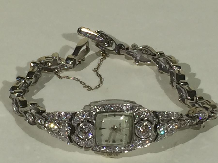 Spectacular Women's Hamilton Platinum Watch Covered In Diamonds With 14K Gold Watch Band Covered In Diamonds Estimate $3,000-$5,000 [Photo 40]