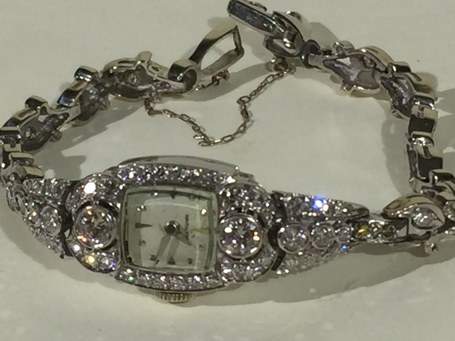 Spectacular Women's Hamilton Platinum Watch Covered In Diamonds With 14K Gold Watch Band Covered In Diamonds Estimate $3,000-$5,000 [Photo 37]